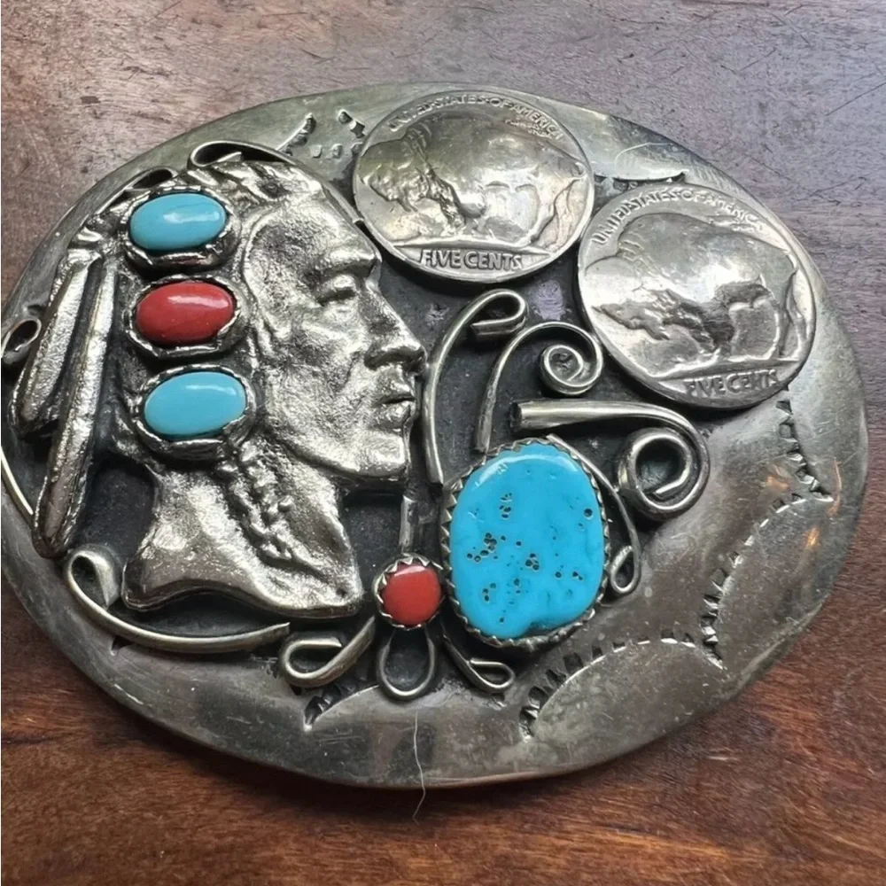 Indian Chief Buffalo Nickel Silver Tone Turqoise & Red Coral Belt Buckle - Picture 8 of 8